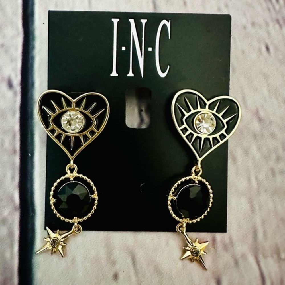 NWT-  Black and Gold-Tone Mixed Stone Color Evil Eye Heart Statement Earrings